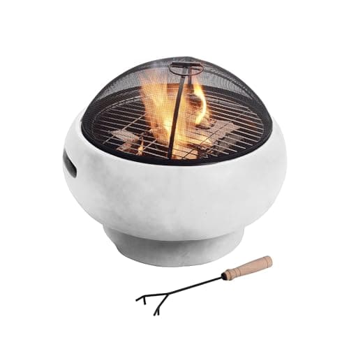 Image of Teamson Home Outdoor Wood Burning Fire Pit, Small Garden Fire Pit, Outdoor Chimenea, Fire Bowl Log Burner with Poker, Grill and Lid, Grey