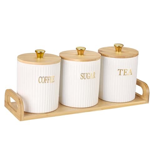 Image of BTSKY White Ceramic Sugar Coffee Tea Storage Canisters with Lid - 3PCS Airtight Storage Containers with Wooden Tray Ceramic Food Storage Jars with Bamboo Lid for Farmhouse Kitchen Counter