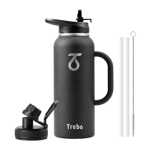 Image of Trebo 1.2 L Water Bottle Insulated with Handle, Stainless Steel Metal Large Jug,Travel Flask with Straw Spout Lid,Mug Tumbler Cup with Carry Pouch,Keep Cold Hot, Black
