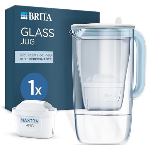 Image of BRITA Glass Water Filter Jug Light Blue (2.5L) with 1x MAXTRA PRO Pure Performance Water Filter Cartridge - Premium Glass Design jug with easy-filling Flip-Lid and Indicator