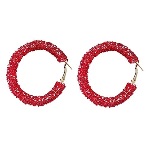 Image of Women Earrings Bohemian Shiny Glitter Sequins Hoop Earrings Wrapped Gold Plated Circle Statement Rhinestone Dangle Drop Earrings For Women Girls Boho Large Pearl (Red, One Size)