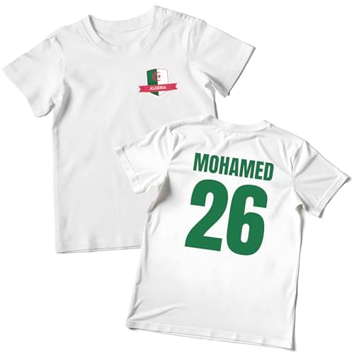 Image of Kids Algeria T-Shirt with Personalised Name and Number, Custom Football Supporter Tee Algerian Flag Shield Design