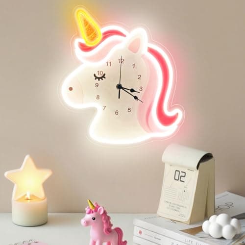 Image of Unicorn Neon Wall Clock with Dimmable Light USB Operated Silent Non-Ticking Pink Wall Clock for Bedroom Living Room Kitchen Home Decor Cute Clock Gifts for Kids