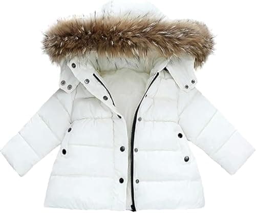Image of Toddler Baby Boys Girls Winter Jacket Coat Faux Fur Hooded Puffer Jacket Warm Thick Childrens Clothes Little Kids Lightweight Coats Outerwear White 3-4 Years