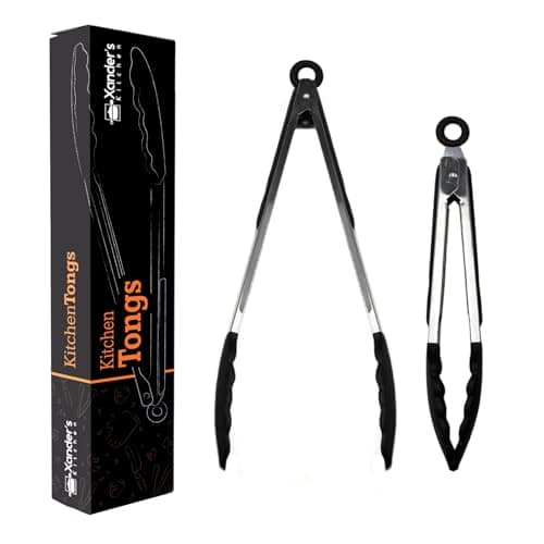Image of Xander's Kitchen Tongs for Cooking 9" & 12" Set of 2 Silicone Grip Non Stick Pasta Salad Frying BBQ Serving Meat (Black)