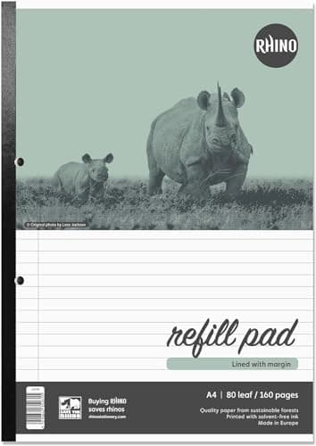 Image of RHINO Stationery A4 Refill Pad 80 Leaf/160 Page | 8mm Ruled with Margin | Pack of 10 - Side Binding & Quality Paper - Ideal for Students, Schools & Offices