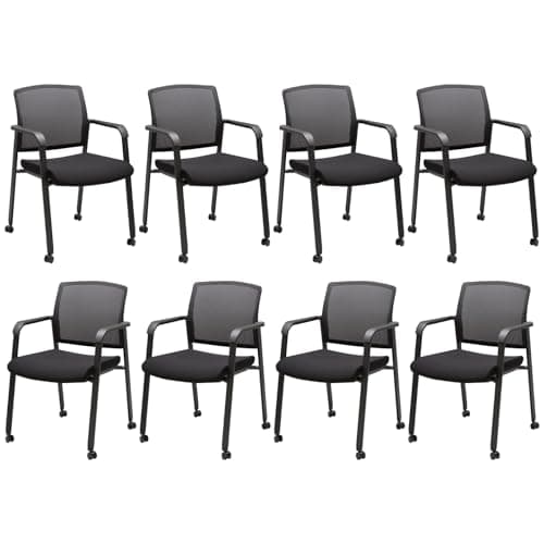 Image of CLATINA Rolling Conference Room Chairs Set of 8, Stackable Office Guest Reception Chair with Armrests and Wheels, Mesh Back Waiting Room Stools for Office, School, Lobby, Church, Black