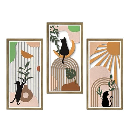 Image of KiKiHong 3 Pieces Boho Black Cat Wall Art,Hanging Wooden Wall Art,Abstract Moon and Sun Wood Sign for Bedroom Living Room Office 15.74''x7.87''