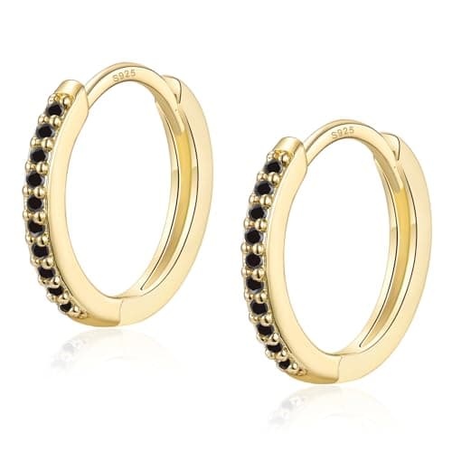 Image of Gold Hoop Earrings for Women, Sterling Silver Small Huggie Hoop Earrings | Hypoallergenic Black Cubic Zirconia Hoops Earrings Jewellery Gifts for Girls Birthday Christmas