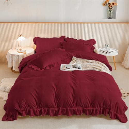 Image of Burgundy Bedding Sets Ruffle Frills Duvet Cover with Zipper Closure Soft Breathable Microfiber Duvet Cover Set Double 200 x 200 cm