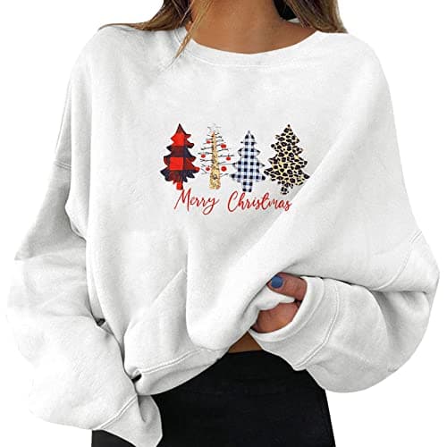 Image of Christmas Print Jumpers Sweatshirts for Ladies Uk Reindeer Cute Crewneck Hoodies Xmas Holiday White
