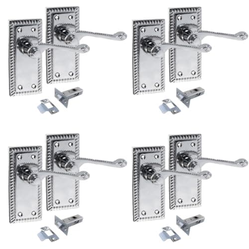 Image of Georgian Style Chrome Door Handle Set – Internal Door Handles and Tubular Latch, Classic Polished Chrome -Plated Finish (1-6 Pairs) – Backplate Size 108mm x 48mm (4 Pair of Handles + Tubular Latch)