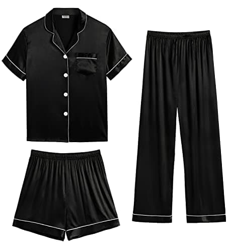 Image of SWOMOG Womens Satin Pyjama Sets Ladies Silk Nightwear 3 Piece Short Sleeve Pj Button Down Sleepwear Set M Deep Black