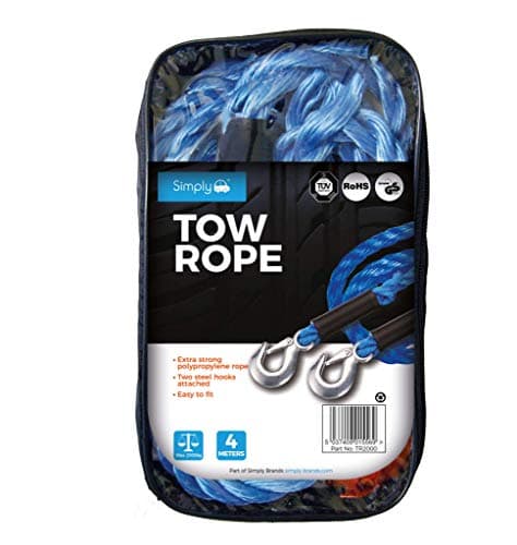 Image of Simply TR2000 Blue Touring Tow Rope – 4 metres Long – Supports up to 2000kg – Dual Spring Snap Hooks – Easy to Fit – Extra Strong Polypropylene Rope