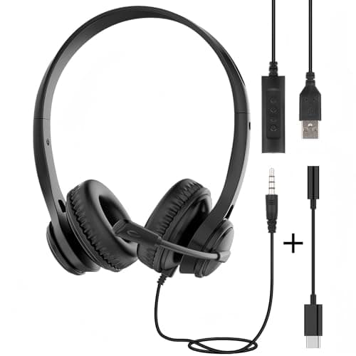 Image of USB Headset for PC Laptop Phone, 3.5mm / USB / Type-C Jack 3-In-1 Wired Headphones with Noise Cancelling Mic & Audio Controls, Adjustable Headband Headset for Call Centers, Home Office, Online Chat