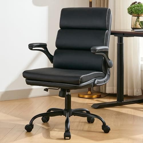 Image of LukkDys Executive Office Chair with Flip-Up Armrests, 3-Stage Lumbar Support, Ergonomic Mid Back PU Leather Swivel Chair, Comfy Desk Chair with Tilt & Wheels, Height Adjustable for Home Office,Black