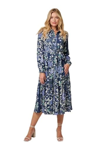 Image of Izabel London Floral Tie Waist Tiered Midi Dress for Women UK with a Collar, Pockets and Front Buttons. Navy