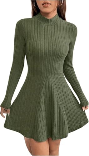 Image of TrendiMax Women's Long Sleeve Mini Dress Ribbed Knit Mock Neck Ruffled A Line Casual Sweater Dresses Olive Green