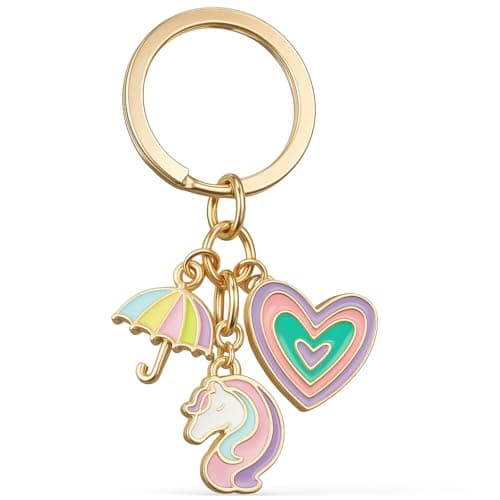 Image of DONWOIE Unicorn Keyring- Rainbow Keychain – Golden Bag Charms for Girls Women, Heart Key Rings Gifts for Daughter Friends & Fantasy Lovers