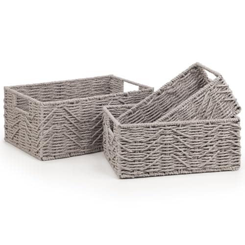 Image of woodluv Woven Wicker Storage Baskets, Paper Rope Storage Boxes, Drawer Closet Shelf Dresser Basket, Storage Baskets for Shelves, Set of 3, Grey