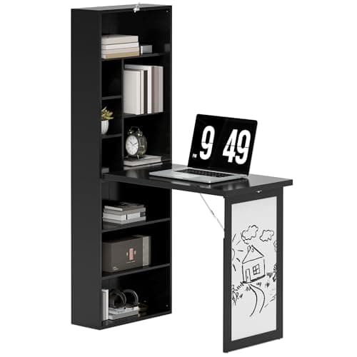 Image of HOMCOM Wall Mounted Computer Desk, Space Saving Folding Study Table with White Board, Bookshelf, Floating Writing Desk with Adjustable Shelf, 9 Open Compartments for Small Space, Black