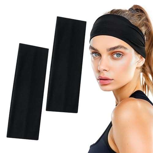 Image of Sularpek 7cm Wide Black Headbands, 2PCS Elastic Headband for Women's Hair, Breathable Hair Band for Sweat-Wicking for Makeup, Yoga, Running, Sports