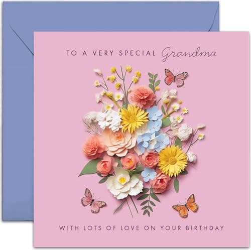 Image of Old English Co. Special Grandma Birthday Card for Her - Pink Flower Butterfly Artwork Greeting Card from Grandchildren - Cute Birthday Cards for Her | Not 3D Card