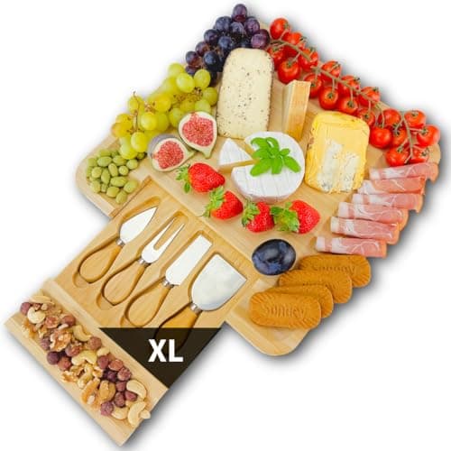 Image of XL Bamboo Cheese Board and Knife Set - 100% Natural Wood Serving Tray Charcuterie Board Perfect Choice for Gourmets, Birthday Presents Wedding Gift Set Mothers & Housewarming Wooden Chopping Board Set