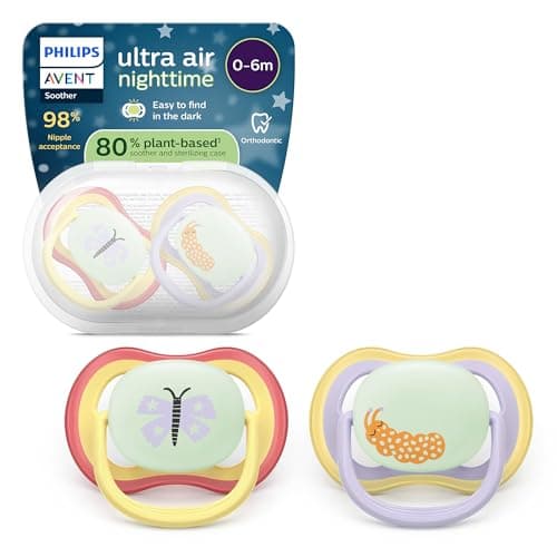 Image of Philips Avent Ultra Air Nighttime Soothers - Orthodontic Design, for Babies 0-6 Months, Glow in The Dark, Soft Silicone Symmetrical Teat, BPA-Free, with Sterilizing Case, 2 Pack, SCF376/25