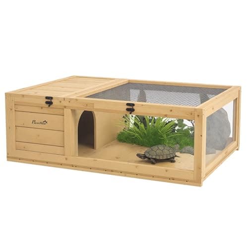 Image of PawHut Tortoise House with Mesh Roof, Small Reptile Wooden House, Fir Wood Tortoise Enclosure with Removable Side Panel for Turtles, Lizards, Geckos, Snakes - Light Yellow