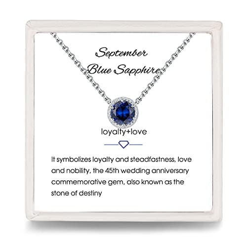 Image of Presentski Blue Sapphire Women’s Necklaces September - 925 Sterling Silver Round Created Blue Birthstone Pendant for Anniversary