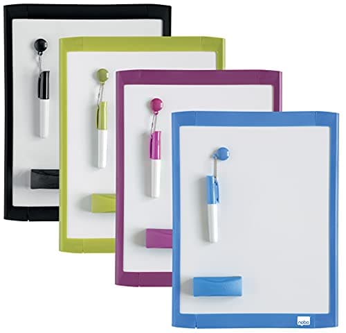 Image of Nobo 1903816 Mini Magnetic Whiteboard With Coloured Frame, Dry Wipe, Wall Mountable, Includes Whiteboard Pen, Magnets, Eraser & Foam Adhesive Mounting Pads, 216 x 280 mm (Assorted Color)