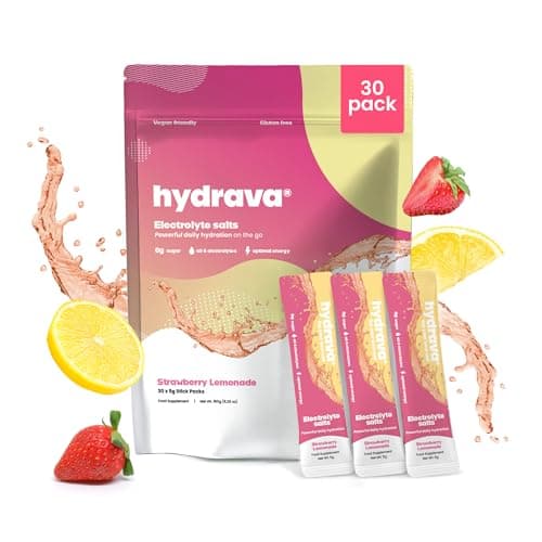 Image of Hydrava Electrolyte Sachets | 30 Pack | Sugar Free Electrolytes with Sodium, Magnesium, Vitamin C & More | Rehydration Powder with All Natural Flavours and Zero Sugar | Strawberry Lemonade