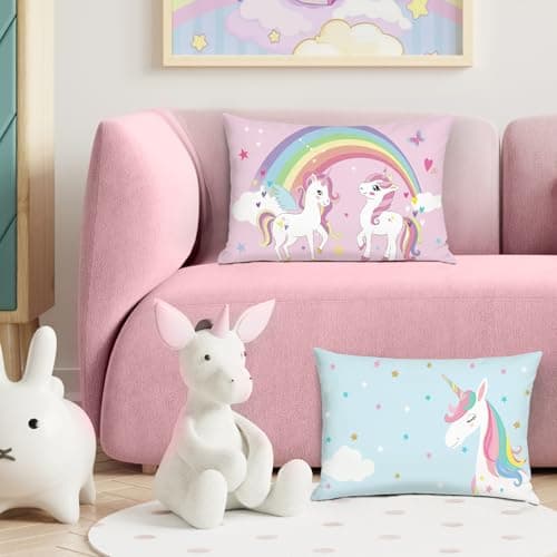 Image of Bonhause Unicorns Cushion Covers 30 x 50 cm Unicorn Rainbow Blue Pink Decorative Throw Pillow Covers for Sofa Couch Bed Home Kids Rooms Decor Set of 2