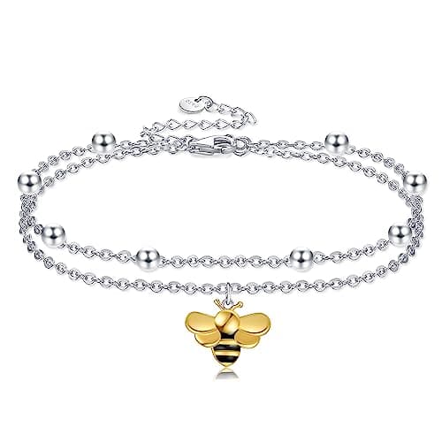 Image of POPLYKE Bee Anklet for Women 925 Sterling Silver Double Layered Chain Gold Plated Bee Ankle Bracelet Girls Summer Beach Jewellery