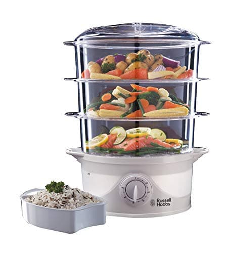 Image of Russell Hobbs 3 Tier Electric Food Steamer, 9L, Dishwasher safe BPA free baskets, Stackable baskets, 1L Rice bowl inc, 60 min timer, Steams in 40 seconds, Healthy eating, Energy saving, 800W, 21140