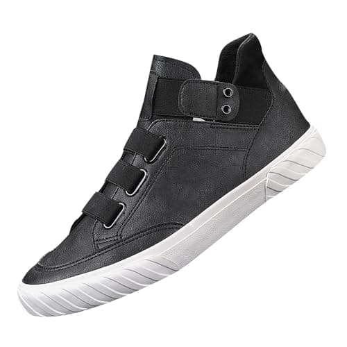 Image of Mens High Top Sneakers with Hook and Loop Straps Faux Leather Casual Shoes Ankle Boots Comfortable Footwear White 7.0