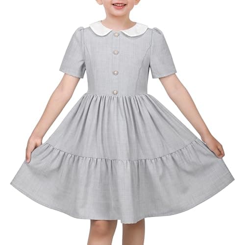 Image of Sunny Fashion Girls Dress Light Gray White Collar Pearl Button Pleated Daily School Holiday Age 10 Years