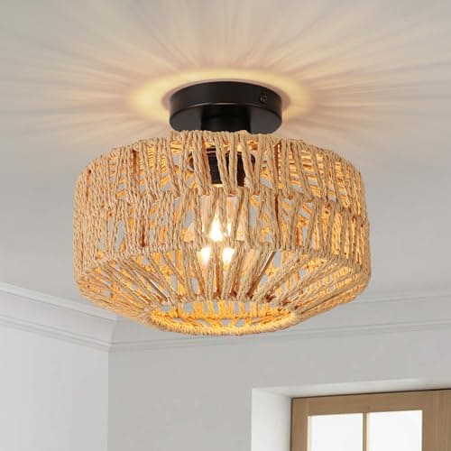 Image of FORCOSO Rattan Ceiling Light, Boho Lamp with Natural Rattan Lampshade, E27 Vintage Chandelier Wicker Light Shade Fitting, Rustic Bamboo Lamp Fixtures for Living Room Bedroom Dining Kitchen Hallway