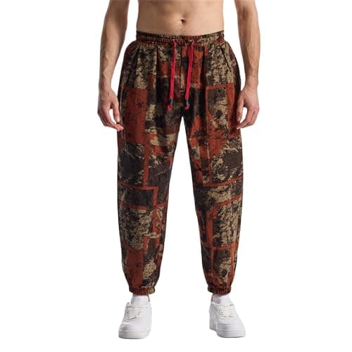 Image of Cotton Linen Trousers for Men Retro Printed Joggers Pants Elastic Waist Drawstring Sweatpants Straight Leg Pants Purple