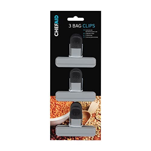 Image of Chef Aid Bag Clips, Pack of 3 Soft-Grip Bag Clips for Keeping Food Fresher for Longer, Made with BPA Free Plastic and Fridge, Freezer and Dishwasher Safe, Grey