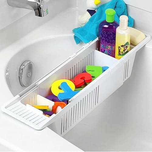 Image of MantraRaj Extendable Bath Caddy Tray for Bathtub - Adjustable Table Over Tub - Bathroom Accessories and Storage for Kids Toys - Fits Most Sizes