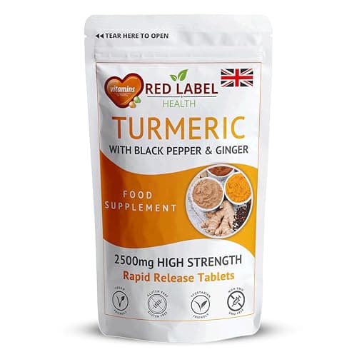 Image of Red Label Health Turmeric Tablets 2620 mg with Black Pepper & Ginger, 30 Count (1 Month Supply) High Strength Curcumin Supplements, Not Turmeric Capsules, Vegan and Gluten Free, UK Made