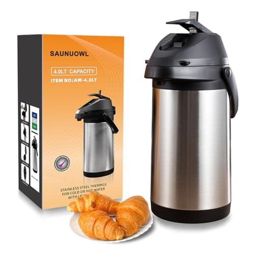 Image of SAUNUOWL Airpot Coffee Dispenser With Pump,Thermal Hot Beverage Dispenser, Coffee Carafe Thermal 4L(135 Oz) Insulated Stainless Steel Large Beverage Dispenser Lever Action for Hot/Cold Water (Size:4L)