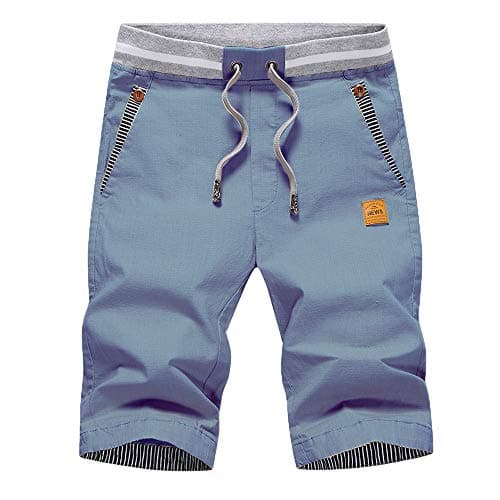 Image of JustSun Mens Summers Cotton Casual Shorts Elastic Waist Pockets Denim Blue Large