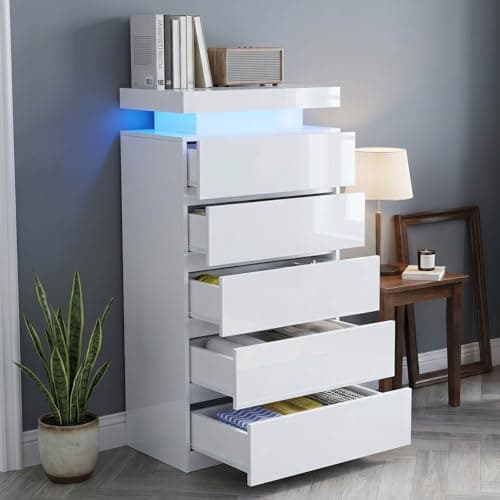 Image of TRIOBLADE 5 Drawer Chest of Drawers and 1 Top White High Gloss Dresser for Bedroom with Large Chest of Drawers Wide Storage Cabinet Multicolor LED Lights for Bedroom Furniture Living Room 54x38x115cm