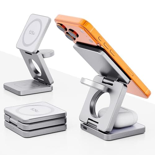 Image of Kitbox Qi2.2 25W Magnetic Wireless Charger Foldable 3 in 1 Charging Station for Apple Device for iPhone 17/16/15/14/13/12, Fast Wireless Charging Dock for Apple Watch & AirPods, Travel Design,silver