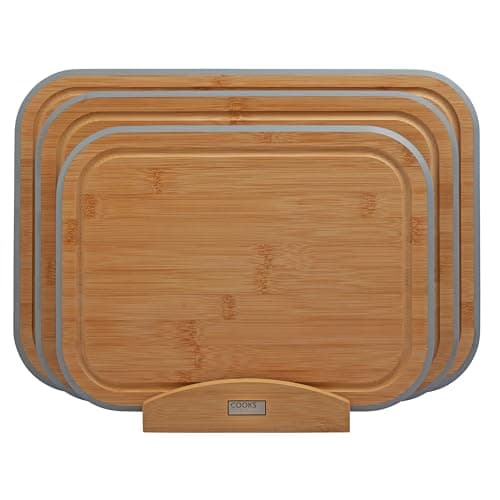 Image of Cooks Professional 3 Piece Bamboo Chopping Board Set with Storage Stand | Durable Wooden Cutting Boards in 3 Sizes for Fruit, Vegetables, Meat, Bread | Grey Edging