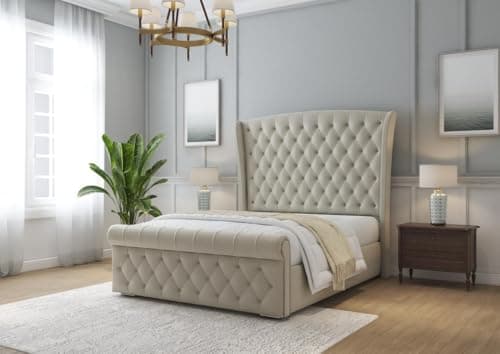 Image of BONANZA SLEEP Luxury Chesterfield Sleigh Wingback Bed Frame | Plush Velvet Upholstered | Ottoman Gas Lift Storage & Mattress| Double Superking Sizes | (Black (No Mattress), 3ft Single (No Gaslift))