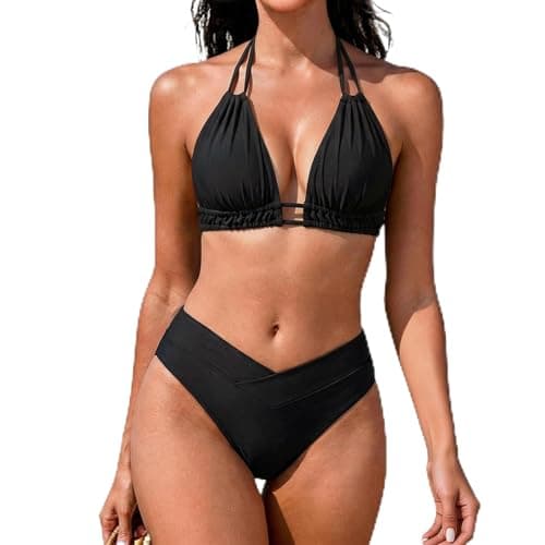Image of Bikini Sets for Women UK, Black High Waisted Tummy Control 2 Piece Ladies Swimsuit with Push Up Padded Top, Adjustable Halter Neck for Summer Beach (UK, Alpha, XL, Regular, Regular)
